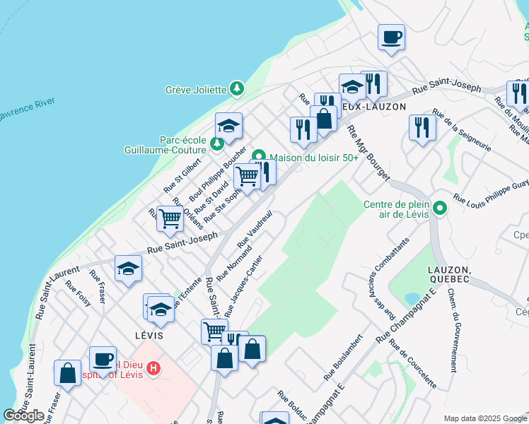 map of restaurants, bars, coffee shops, grocery stores, and more near 37 Rue Vaudreuil in Levis