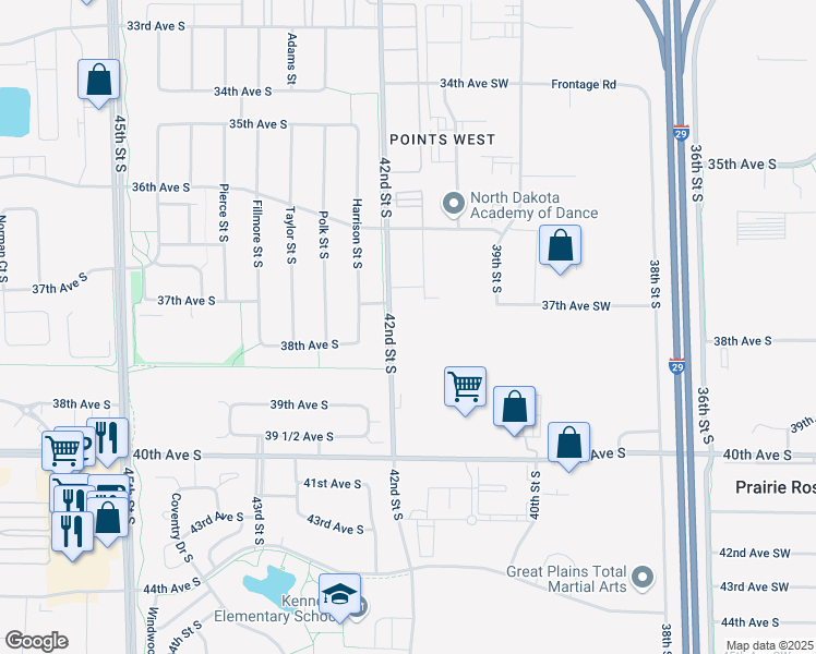 map of restaurants, bars, coffee shops, grocery stores, and more near 3700 42nd Street South in Fargo