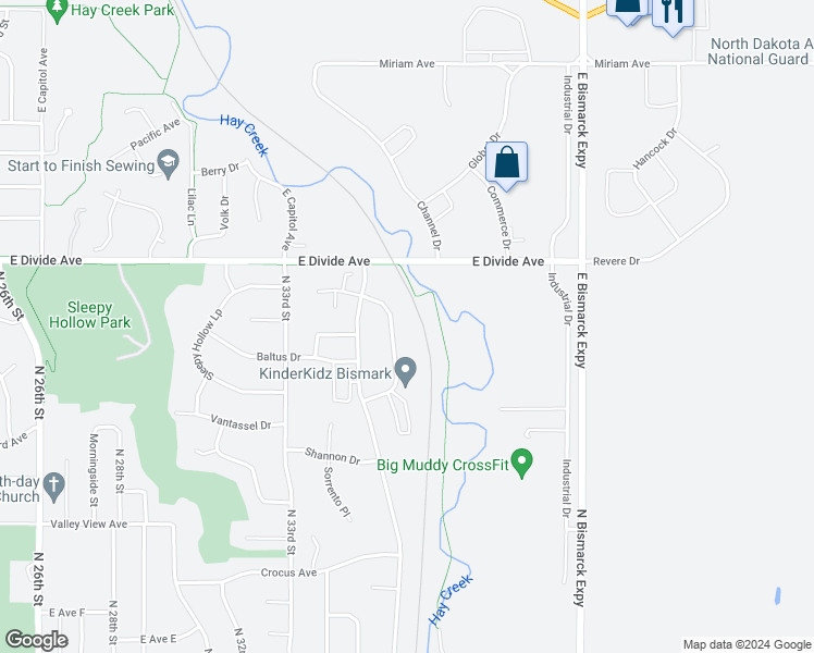 map of restaurants, bars, coffee shops, grocery stores, and more near 1511 Sharloh Loop in Bismarck