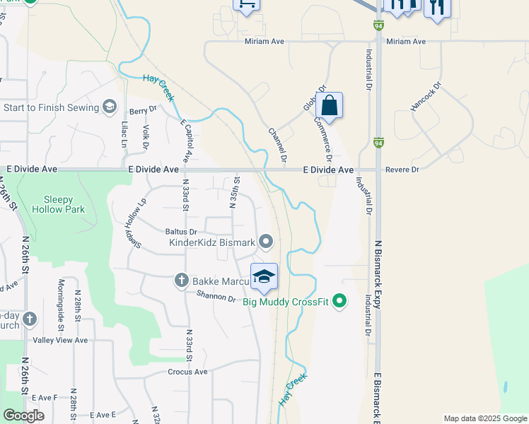 map of restaurants, bars, coffee shops, grocery stores, and more near 1521 Sharloh Loop in Bismarck
