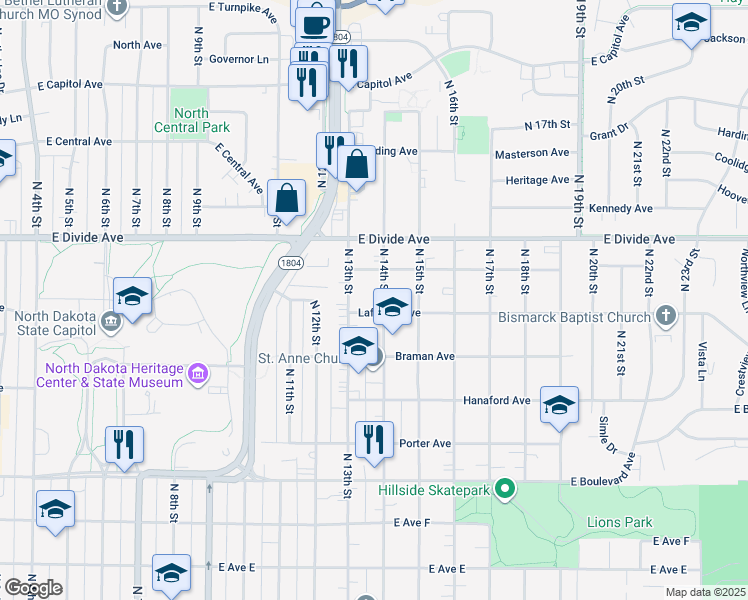 map of restaurants, bars, coffee shops, grocery stores, and more near 1321 Harmon Avenue in Bismarck