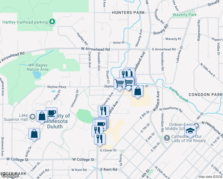 map of restaurants, bars, coffee shops, grocery stores, and more near 117 West Saint Marie Street in Duluth
