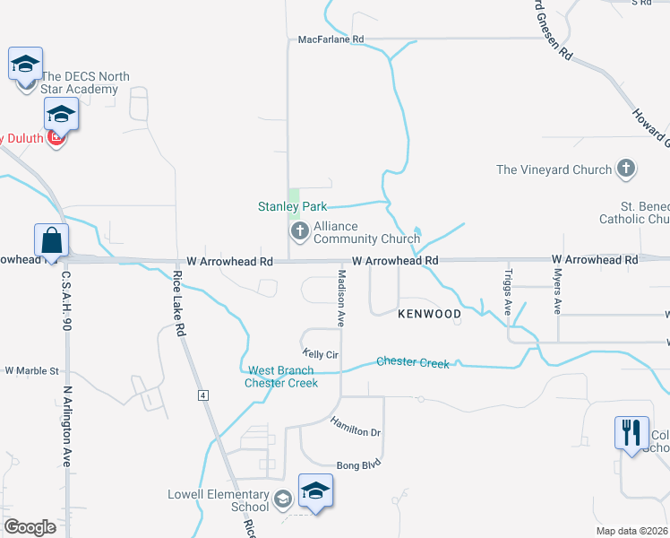 map of restaurants, bars, coffee shops, grocery stores, and more near 2507 West Arrowhead Road in Duluth
