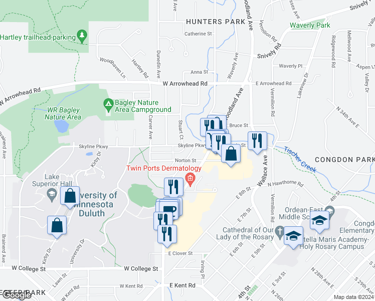 map of restaurants, bars, coffee shops, grocery stores, and more near 1611 Waverly Avenue in Duluth