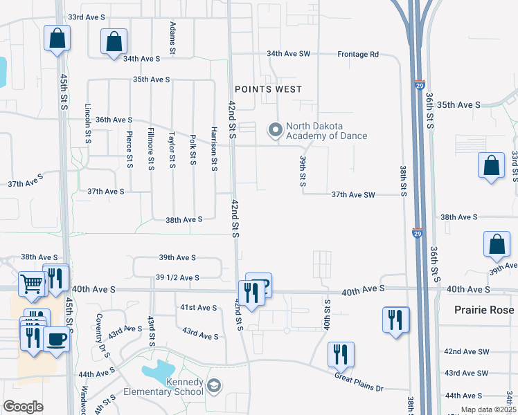 map of restaurants, bars, coffee shops, grocery stores, and more near 3700 42nd Street South in Fargo