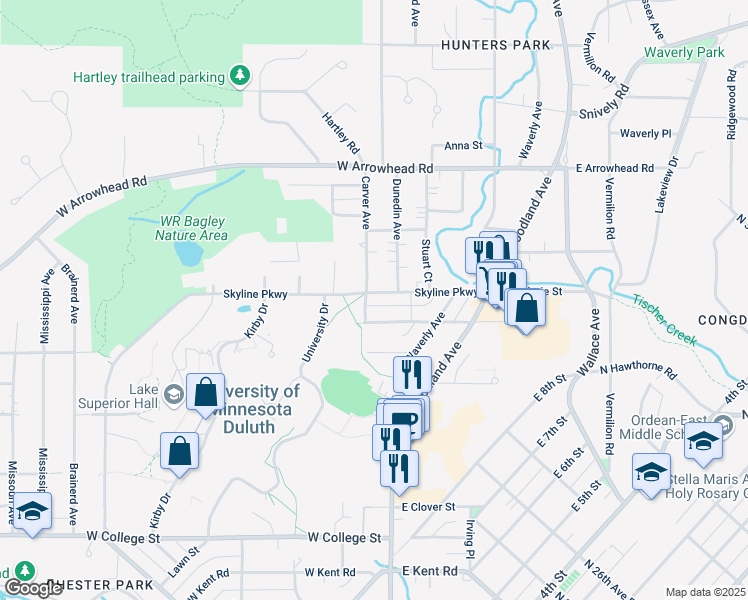map of restaurants, bars, coffee shops, grocery stores, and more near 232 West Saint Marie Street in Duluth