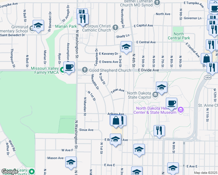 map of restaurants, bars, coffee shops, grocery stores, and more near 1300-1302 Apache Street in Bismarck