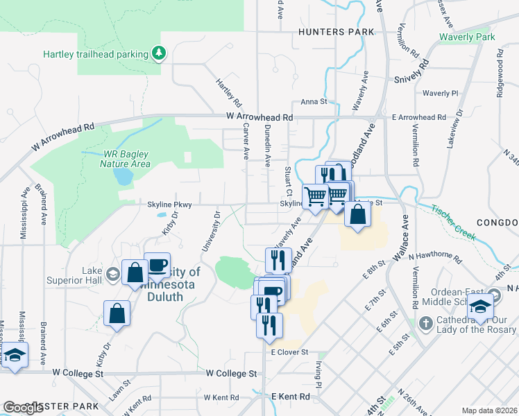 map of restaurants, bars, coffee shops, grocery stores, and more near 1710 Carver Avenue in Duluth