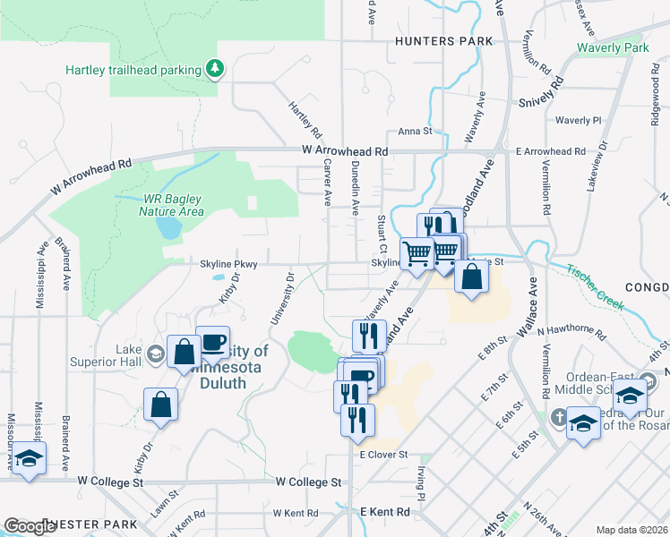 map of restaurants, bars, coffee shops, grocery stores, and more near 1710 Carver Avenue in Duluth