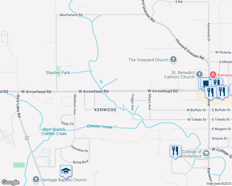 map of restaurants, bars, coffee shops, grocery stores, and more near 2021 West Arrowhead Road in Duluth