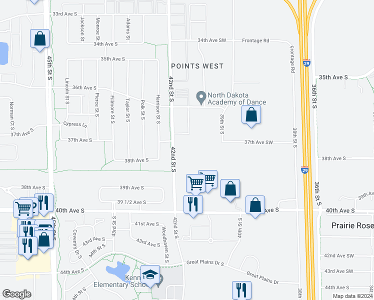 map of restaurants, bars, coffee shops, grocery stores, and more near 3680 42nd Street South in Fargo
