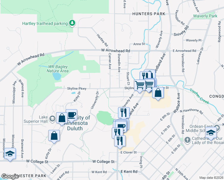 map of restaurants, bars, coffee shops, grocery stores, and more near 1710 Carver Avenue in Duluth