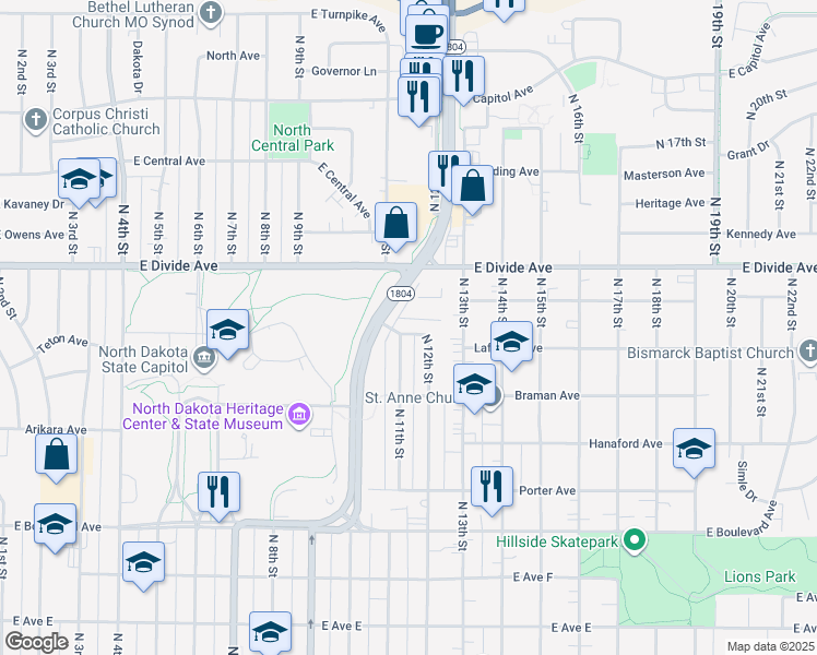 map of restaurants, bars, coffee shops, grocery stores, and more near 1449 North 12th Street in Bismarck