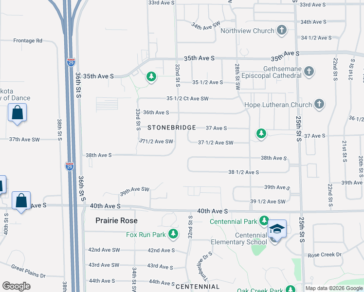 map of restaurants, bars, coffee shops, grocery stores, and more near 3132 37 1/2 Avenue Southwest in Fargo