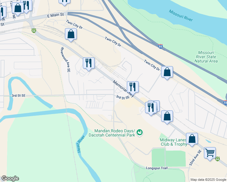 map of restaurants, bars, coffee shops, grocery stores, and more near 100-178 Countryside Lane in Mandan