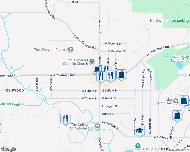 map of restaurants, bars, coffee shops, grocery stores, and more near 1413 West Arrowhead Road in Duluth