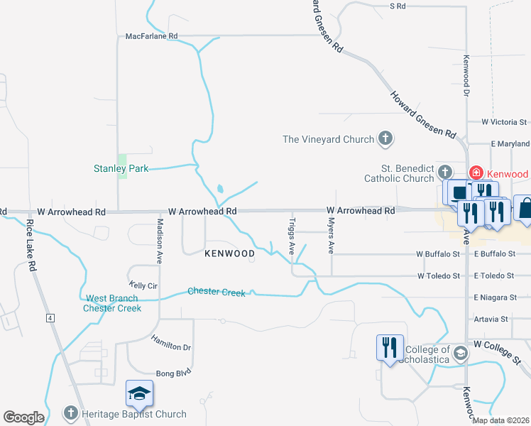 map of restaurants, bars, coffee shops, grocery stores, and more near 1919 West Arrowhead Road in Duluth