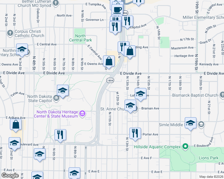 map of restaurants, bars, coffee shops, grocery stores, and more near 1501 North 12th Street in Bismarck