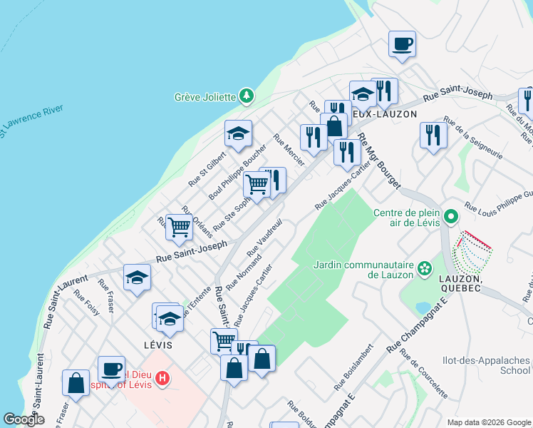 map of restaurants, bars, coffee shops, grocery stores, and more near 167c Rue Saint-Joseph in Lévis