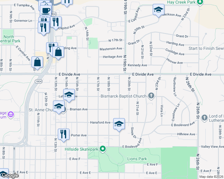 map of restaurants, bars, coffee shops, grocery stores, and more near 1815 Harmon Ave in Bismarck