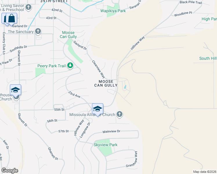 map of restaurants, bars, coffee shops, grocery stores, and more near 5100 Village View Way in Missoula