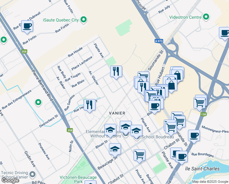 map of restaurants, bars, coffee shops, grocery stores, and more near 123 Rue Latulippe in Vanier