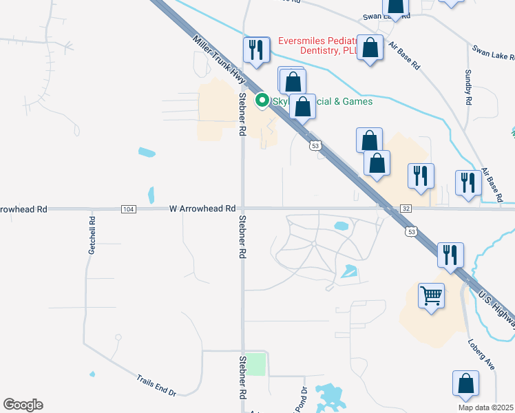 map of restaurants, bars, coffee shops, grocery stores, and more near 4891 West Arrowhead Road in Hermantown