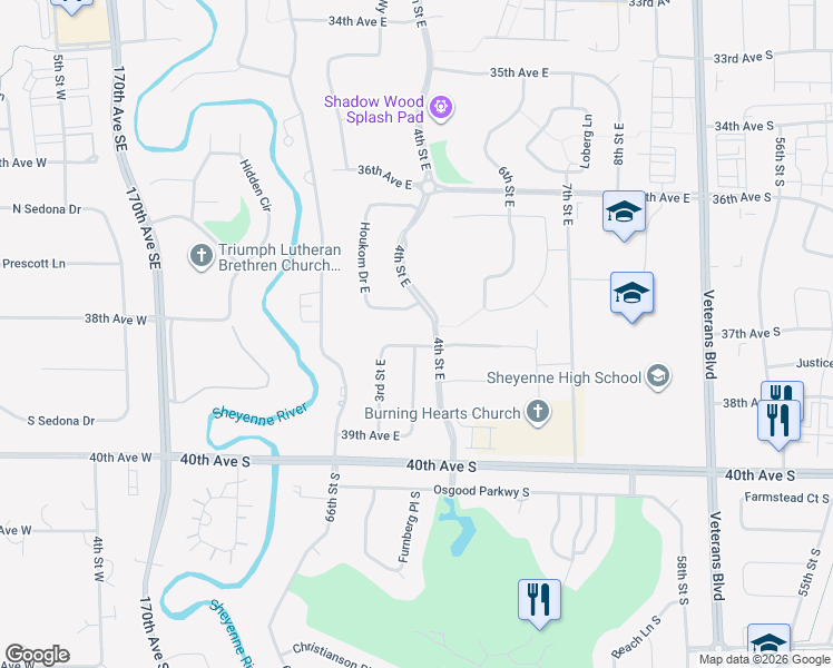 map of restaurants, bars, coffee shops, grocery stores, and more near 342 38th Avenue East in West Fargo