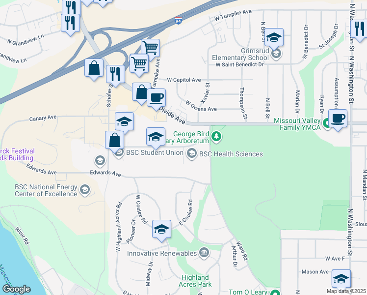map of restaurants, bars, coffee shops, grocery stores, and more near 1140 College Drive in Bismarck