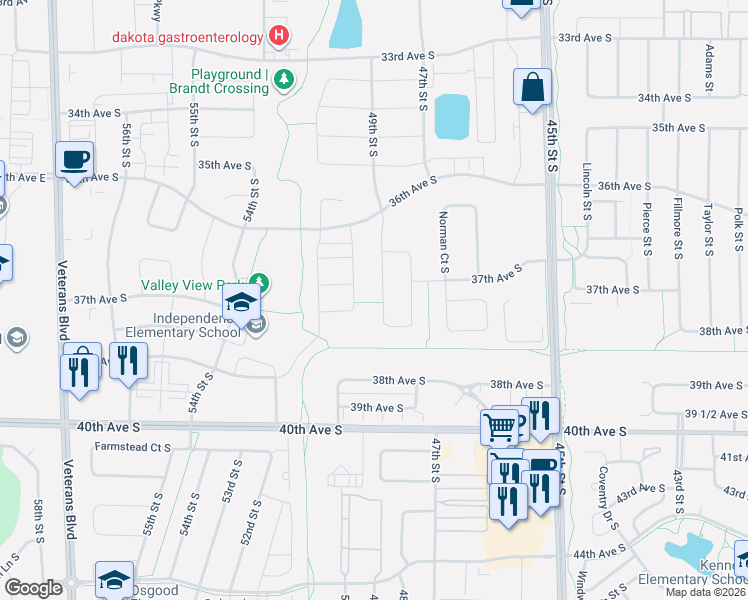 map of restaurants, bars, coffee shops, grocery stores, and more near 3706 Chinook Drive South in Fargo