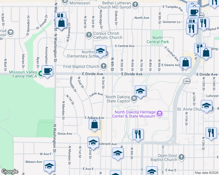 map of restaurants, bars, coffee shops, grocery stores, and more near 1311 N 3rd St in Bismarck
