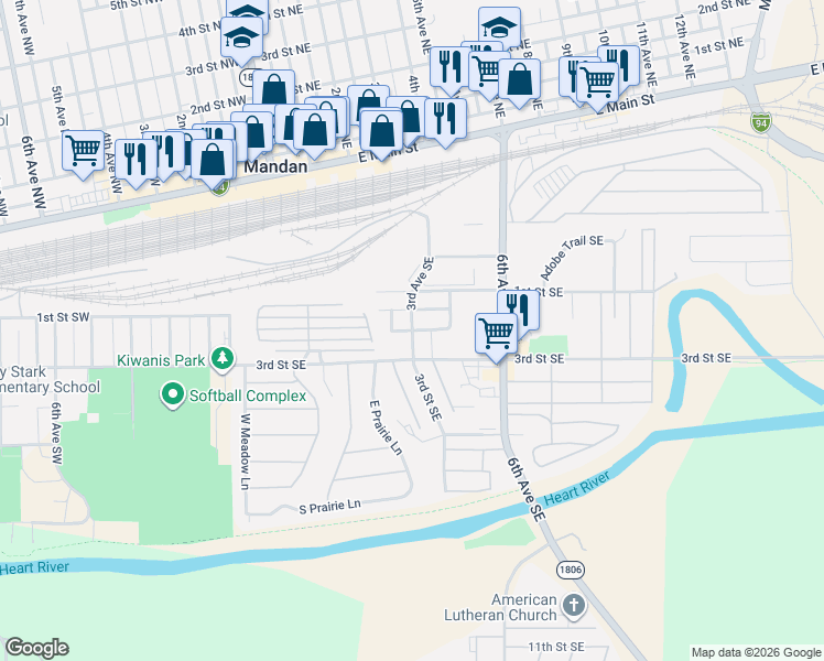 map of restaurants, bars, coffee shops, grocery stores, and more near 598 3rd Ave SE in Mandan