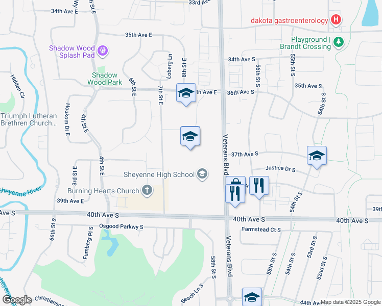 map of restaurants, bars, coffee shops, grocery stores, and more near 800 40th Avenue East in West Fargo
