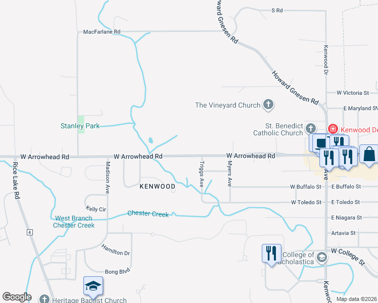 map of restaurants, bars, coffee shops, grocery stores, and more near 1919 West Arrowhead Road in Duluth