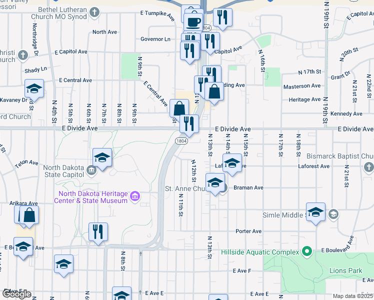 map of restaurants, bars, coffee shops, grocery stores, and more near 1501 North 12th Street in Bismarck