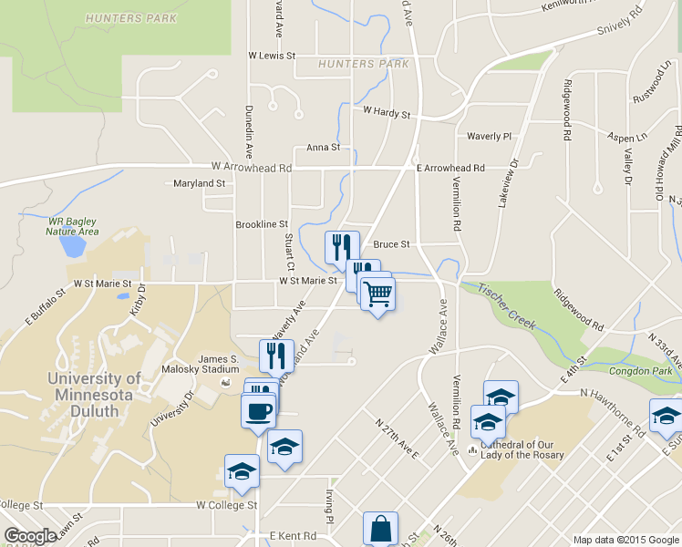 map of restaurants, bars, coffee shops, grocery stores, and more near 1701 Woodland Avenue in Duluth