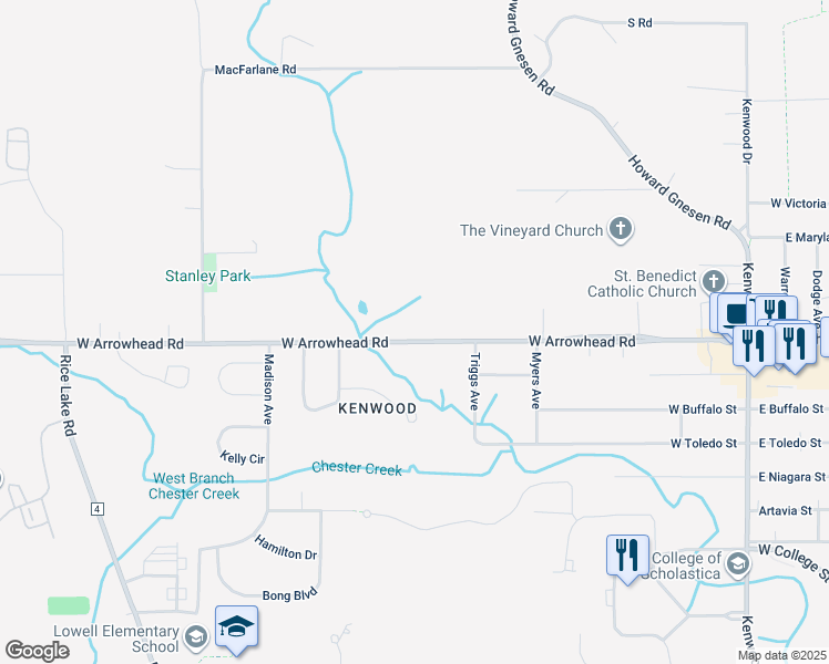 map of restaurants, bars, coffee shops, grocery stores, and more near 2021 West Arrowhead Road in Duluth