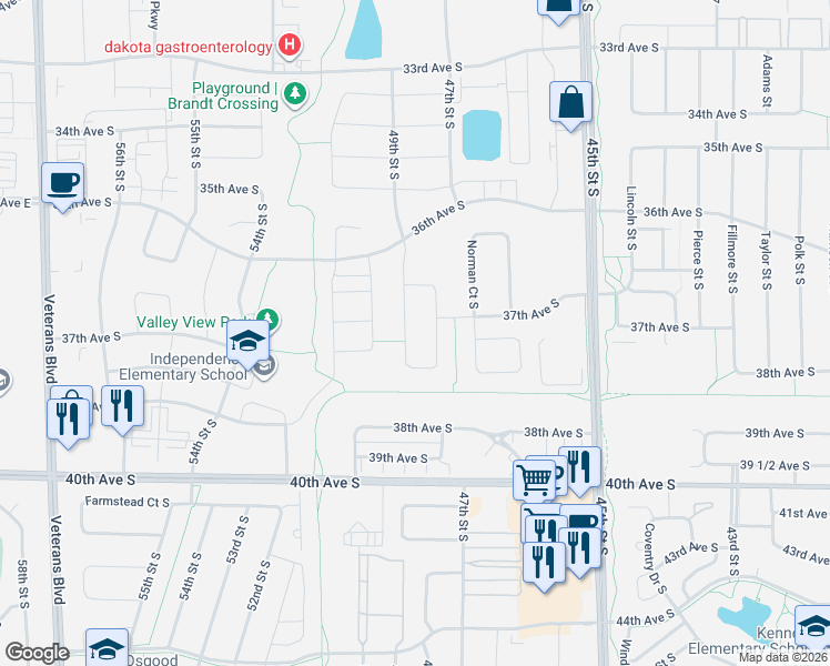 map of restaurants, bars, coffee shops, grocery stores, and more near 4952 36th Street South in Fargo