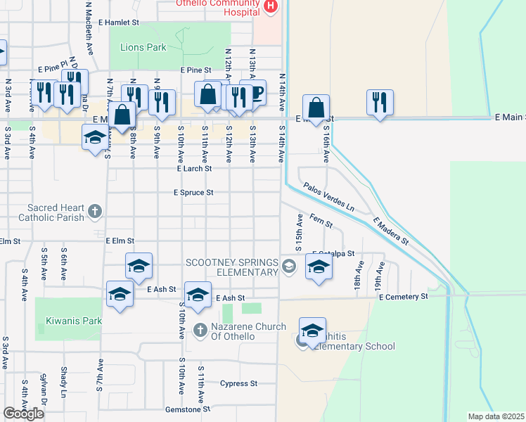 map of restaurants, bars, coffee shops, grocery stores, and more near 1321 East Juniper Street in Othello