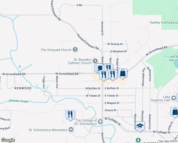 map of restaurants, bars, coffee shops, grocery stores, and more near 1429 West Arrowhead Road in Duluth