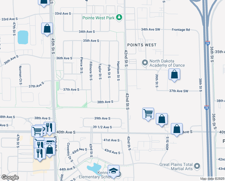 map of restaurants, bars, coffee shops, grocery stores, and more near 3714 Polk Street South in Fargo