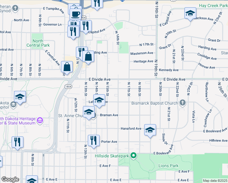 map of restaurants, bars, coffee shops, grocery stores, and more near 1515 Harmon Avenue in Bismarck