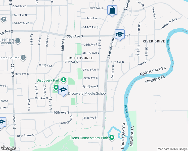 map of restaurants, bars, coffee shops, grocery stores, and more near 1515 38th Avenue South in Fargo