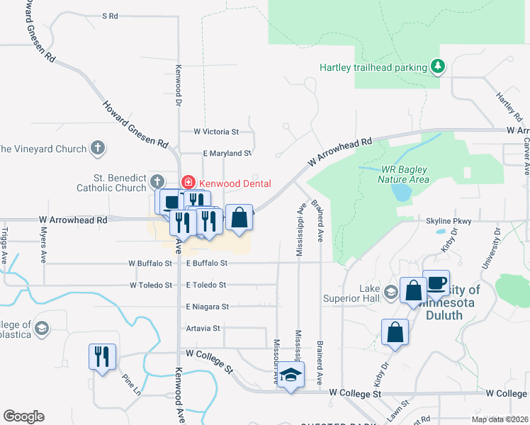 map of restaurants, bars, coffee shops, grocery stores, and more near 1200 West Arrowhead Road in Duluth