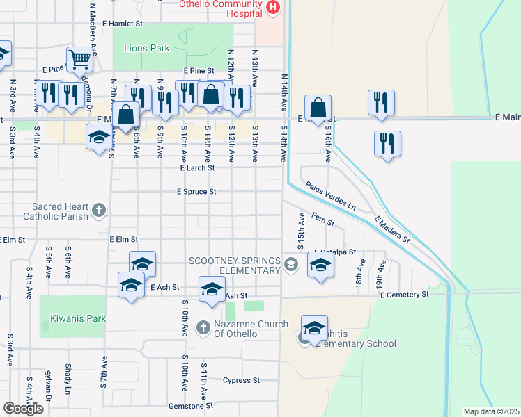 map of restaurants, bars, coffee shops, grocery stores, and more near 1321 East Juniper Street in Othello