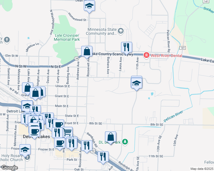 map of restaurants, bars, coffee shops, grocery stores, and more near 500 11th Avenue in Detroit Lakes