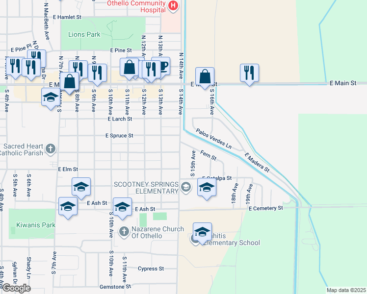 map of restaurants, bars, coffee shops, grocery stores, and more near 1400 Fern Street in Othello