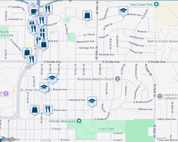 map of restaurants, bars, coffee shops, grocery stores, and more near 1815 Harmon Ave in Bismarck
