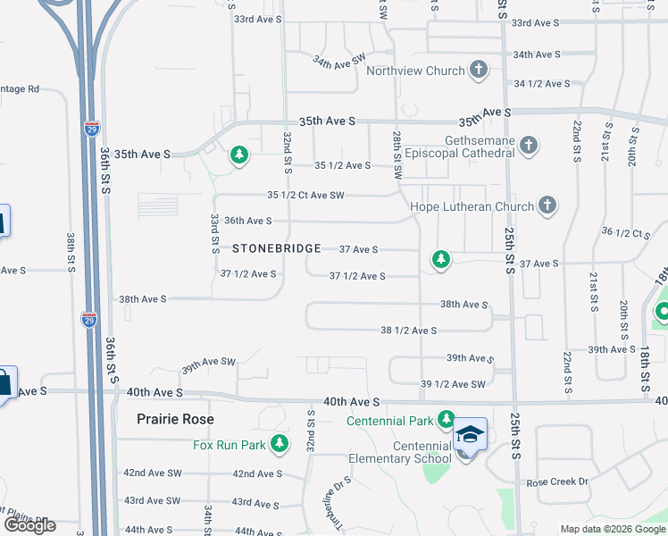 map of restaurants, bars, coffee shops, grocery stores, and more near 3025 37 1/2 Ave S in Fargo