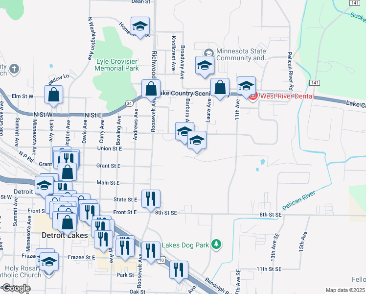 map of restaurants, bars, coffee shops, grocery stores, and more near 500 11th Avenue in Detroit Lakes